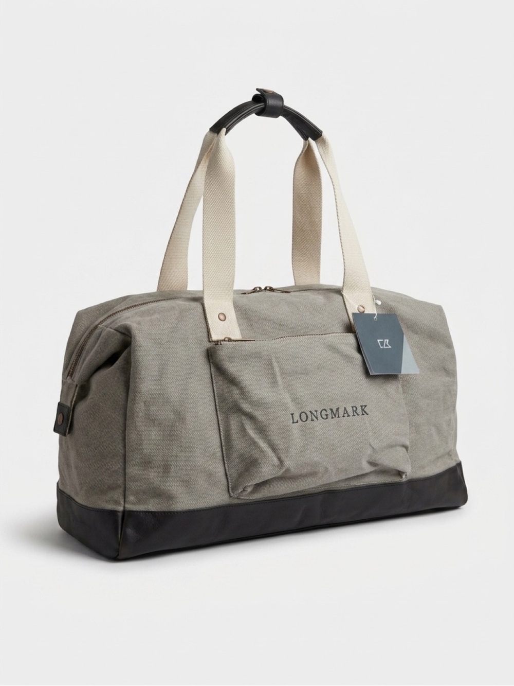 Gray Canvas Duffel Bag with Cream Handles